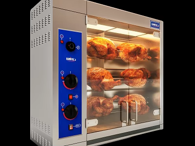 Stainless Steel Commercial Rotisserie Oven With Glass Door And Roasting Chickens 3d model