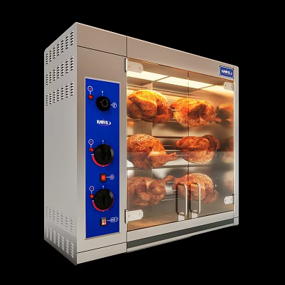 Stainless Steel Commercial Rotisserie Oven With Glass Door And Roasting Chickens 3d model