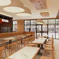 Modern Restaurant Interior With Wooden Ceiling Pendant Lights Menu Screens And Open Layout
