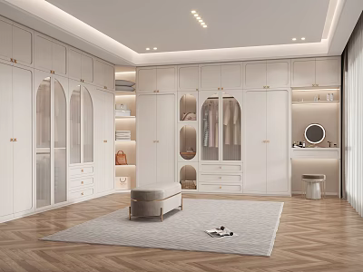 Modern Walk-in Closet Interior Design With White Cabinets Glass Doors And Wooden Floor 3d model
