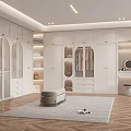 Modern Walk-in Closet Interior Design With White Cabinets Glass Doors And Wooden Floor