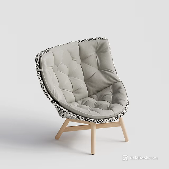 Modern Minimalist Gray Tufted Accent Chair With Woven Trim And Wooden Legs 3d model 