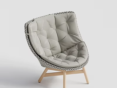 Modern Minimalist Gray Tufted Accent Chair With Woven Trim And Wooden Legs 3d model