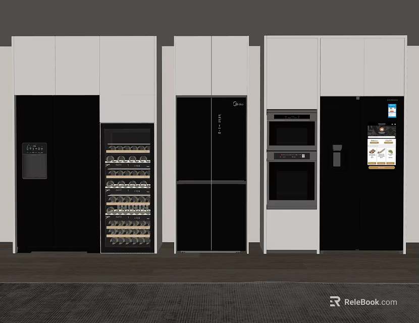 Modern Refrigerators And Freezers With Built In Wine Cooler And Oven In Kitchen Design 3d model 