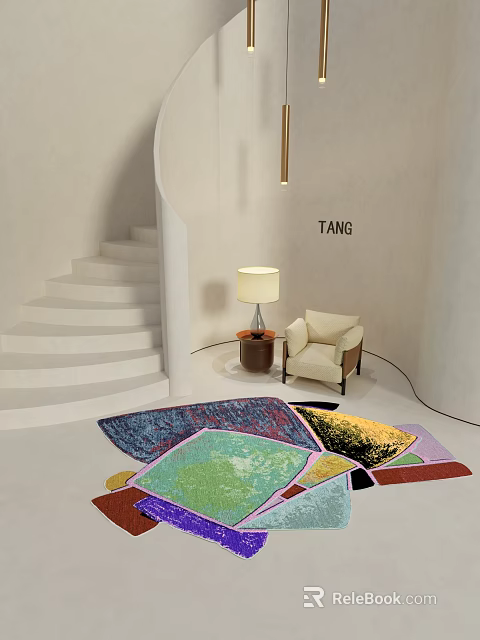 Modern Interior With Stylish Colorful Geometric Patterned Rug And Accent Chair 3d model 