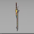 Decorative Sword With Red Hilt Yellow Blue Accents And Metallic Blade Design