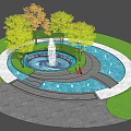 Decorative Garden Ornament with Circular Fountain Pool Surrounding Green Trees and Stone Pathway