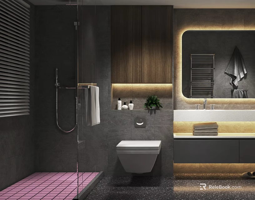 Modern Luxurious Dark Tone Bathroom Interior With Warm Ambient Lighting And Full Practical Functional Fixtures 3d model 