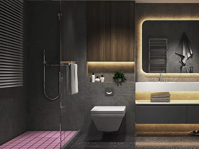 Modern Luxurious Dark Tone Bathroom Interior With Warm Ambient Lighting And Full Practical Functional Fixtures 3d model