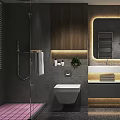 Modern Luxurious Dark Tone Bathroom Interior With Warm Ambient Lighting And Full Practical Functional Fixtures