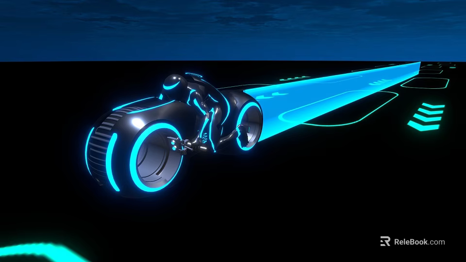 Futuristic Speeding Motorcycle With Blue Neon Lights And Glowing Trail On Dark Background 3d model 