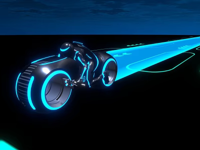 Futuristic Speeding Motorcycle With Blue Neon Lights And Glowing Trail On Dark Background 3d model