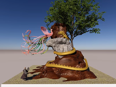Artistic Sculpture Carving Featuring Tree Root Yellow Snake Small Figure And Colorful Decorations 3d model