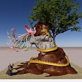Artistic Sculpture Carving Featuring Tree Root Yellow Snake Small Figure And Colorful Decorations