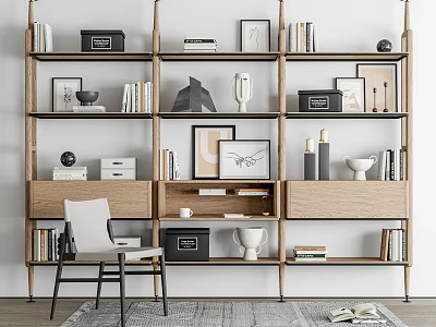 Modern Wooden Bookshelf Interior With Multiple Shelves Books Decorative Frames Storage Boxes And Chair 3d model