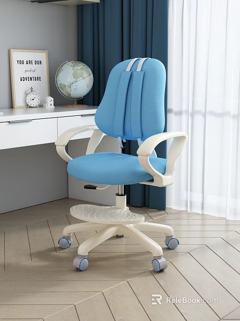 Blue Kids Study Chair with Armrests and Wheels Base for Children's Room 3d model 