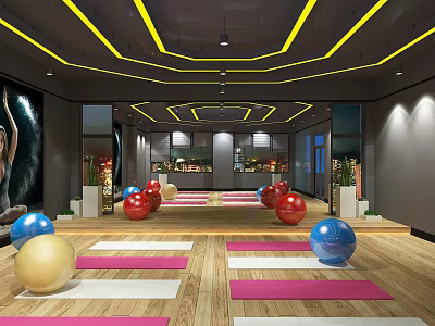 Bright Fitness Studio With Yoga Mats Exercise Balls Yellow Lighting And Wooden Floor 3d model