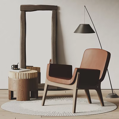 Brown Leather Leisure Chair With Wooden Frame And Side Table Floor Lamp Interior 3d model