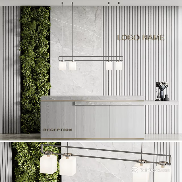 Contemporary Reception Desk With Green Plant Wall Marble Accent Wall And Pendant Lighting 3d model 