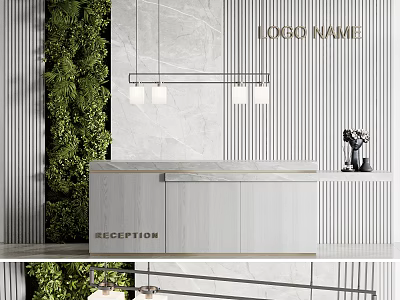 Contemporary Reception Desk With Green Plant Wall Marble Accent Wall And Pendant Lighting 3d model