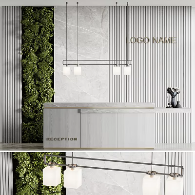 Contemporary Reception Desk With Green Plant Wall Marble Accent Wall And Pendant Lighting 3d model