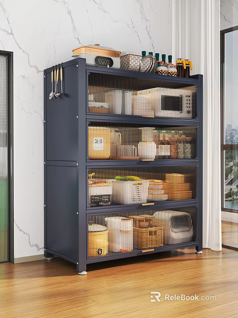 Modern Dark Kitchen Side Cabinet With Fluted Glass Doors For Multi Layer Kitchenware Storage 3d model 
