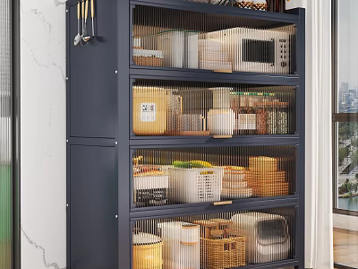 Modern Dark Kitchen Side Cabinet With Fluted Glass Doors For Multi Layer Kitchenware Storage 3d model