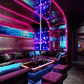 KTV Neon Lit Luxury Interior With Comfortable Sofa Seating And Lounge Area