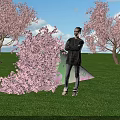 Scenic Floral Installation With Pink Cherry Blossoms Green Grass Blue Sky And Person Standing