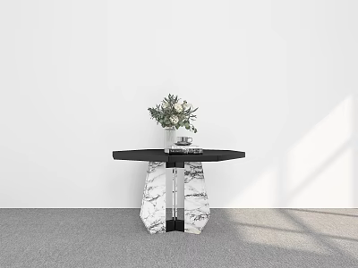 Elegant Black Dining Table With Marble Legs And Vase Of Green Plants And White Flowers 3d model