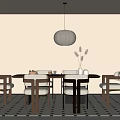 Modern Dining Table Set With Wooden Chairs Hanging Pendant Light And Geometric Rug