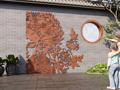 Chinese Courtyard Carved Wall Art with Circular Window and Parent Child Pointing Near Green Plants 3d model