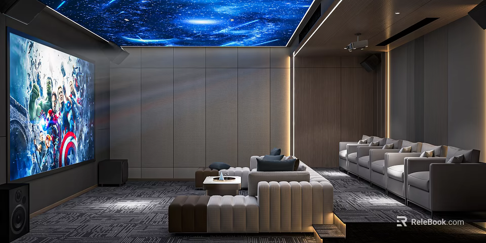 Modern Home Theater Interior With Starry Sky Ceiling Gray Walls White Sofas And TV Screen 3d model