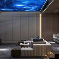Modern Home Theater Interior With Starry Sky Ceiling Gray Walls White Sofas And TV Screen 3d model