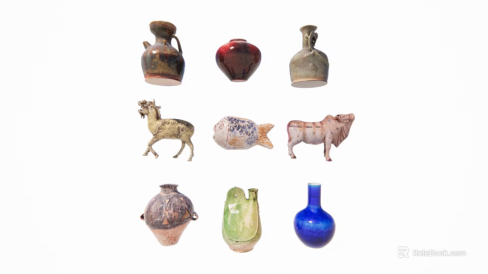 Decorative Ceramic Vessels with Various Shapes Animal Designs and Colorful Patterns 3d model 