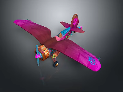 Colorful Handmade Toy Airplane with Pink Wings and Vibrant Decorative Patterns for Kids Playtime 3d model