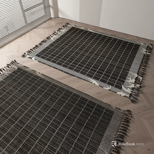 Modern Square Rugs with Grid Pattern and Fringe Edges on Wooden Floor 3d model 