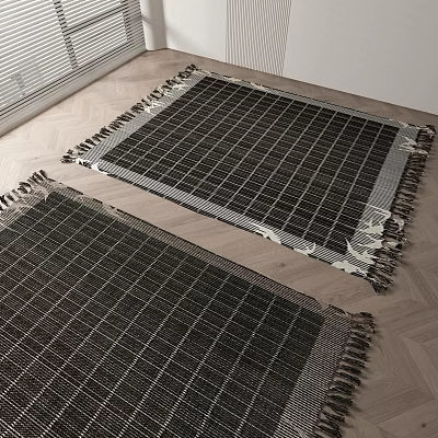 Modern Square Rugs with Grid Pattern and Fringe Edges on Wooden Floor 3d model