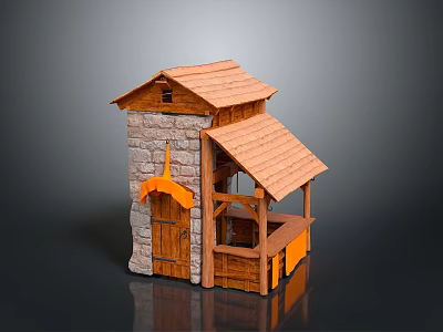 Small Stone And Wooden Cabin Model With Wooden Roof And Shed Structure 3d model