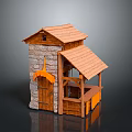 Small Stone And Wooden Cabin Model With Wooden Roof And Shed Structure