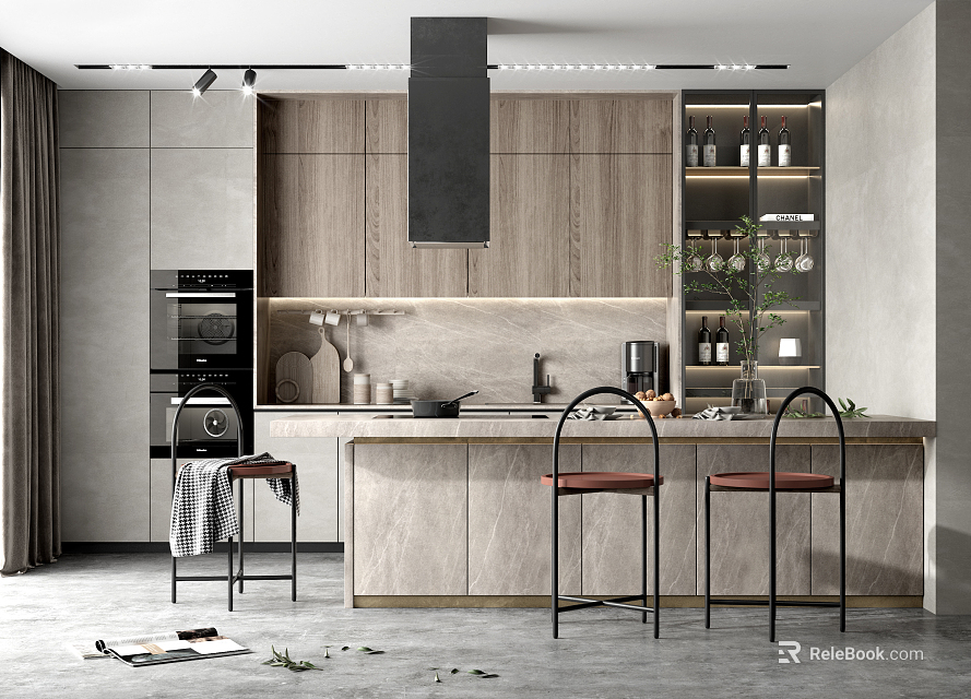 Modern Kitchen Interior Design With Wooden Cabinets Island Red Stools Black Appliances And Ceiling Lighting 3d model 
