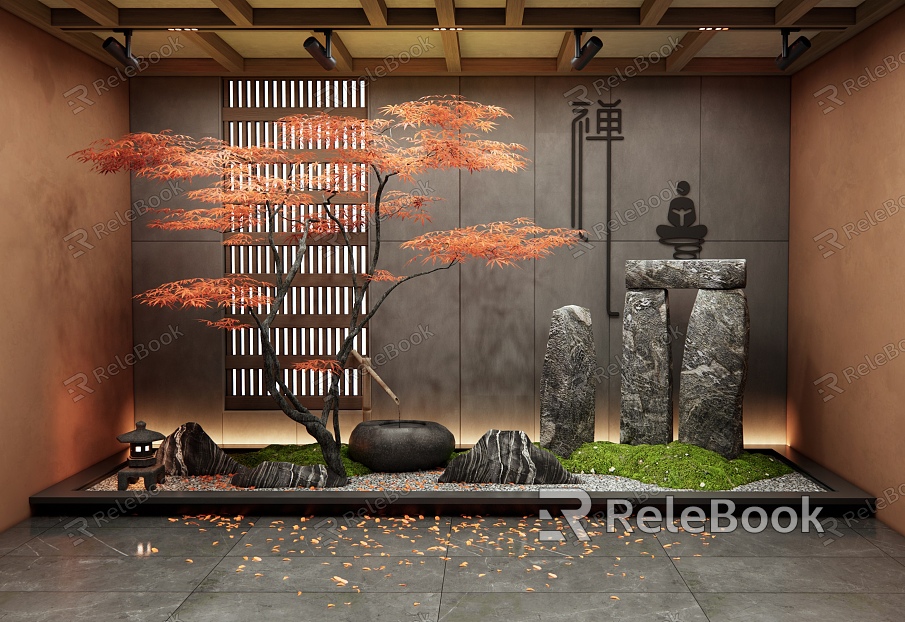 New Chinese Courtyard Landscape Setches Interior Landscape Stone Water Bowl Red Maple Landscape Tree Moss Zen Setches Plant Landscape model