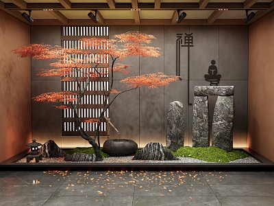 New Chinese Courtyard Landscape Setches Interior Landscape Stone Water Bowl Red Maple Landscape Tree Moss Zen Setches Plant Landscape model