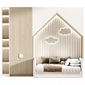 Cozy Kids Bed with House Shaped Headboard Decorative Cloud Lights Light Wood Storage