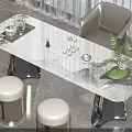 Modern Marble Tea Table And Chairs With Tea Sets Green Plants Round Stools 3d model