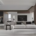 Modern Living Dining Room Interior With TV Wall Coffee Table Striped Rug And Wooden Elements