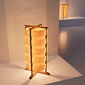 Natural Wooden Table Lamp With Stacked Panels And Warm Light On