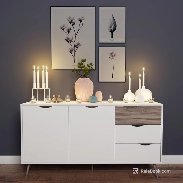 Modern Entryway Cabinet Sideboard With Decorations Candles Vase Green Plant And Wall Paintings 3d model 
