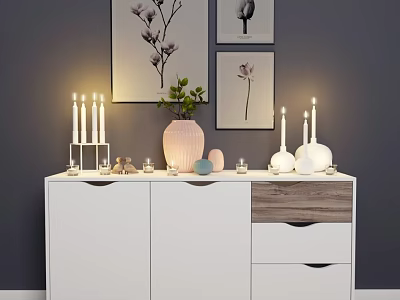 Modern Entryway Cabinet Sideboard With Decorations Candles Vase Green Plant And Wall Paintings 3d model