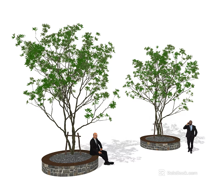 Stone Circular Tree Planter With Green Trees In Urban Public Space For People Resting 3d model 